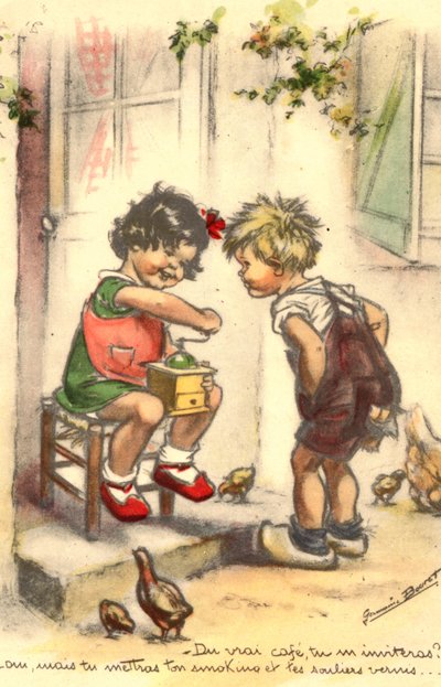 はがき、キッチュ、コーヒー グラインダーを持つ 2 人の子供、女の子と男の子 作： Unknown artist