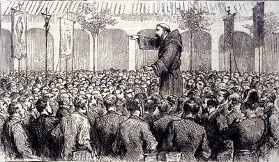 1858年にベルナデット・スービロウス（1844-1879）に聖母が現れたピレネー山脈の高地にあるルルド（現在の巡礼地）に来たペレランに対するカプチン修道士の予言。1877年に描かれた版画 作： Unknown artist