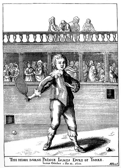 パームゲームをするヨーク公爵ジェームズ王子（1633-1701）、後にイングランドのジェームズ2世（ジェームズ2世スチュアート）として復帰 - Joseph Strutt, ed 1801の "the sports and pastimes of the people of the England "に掲載されています。 作： Unknown artist