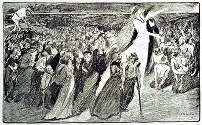 ルルドでの巡礼の列、Theophile Alexandre Steinlen (1859 - 1923)による寓話、Emil Zola (1840-1902)の "Lourdes "の挿絵、"Gil Blas illustrious "より引用。 作： Unknown artist