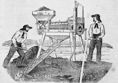 パブ「The Fortune, Company of Gold Mines of California」：2人のゴールドディガーが洗濯機で金を混ぜる作業をしている様子を描いた画像-6月25日付「the Charivari」紙にて 作： Unknown artist