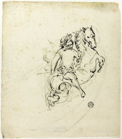 跳ね馬に乗り、月桂樹の冠をかぶったプットー 作： Unknown artist