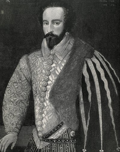 ローリー、サー・ウォルター（1554-1618）。イギリスの船乗り、探検家、仲買人。ウォルター・ローリー卿の肖像。ロンドン国立肖像画美術館に保存されている匿名の原画をもとに、1891年にエングレーヴィングされた。エングレーヴィング。 作： Unknown artist