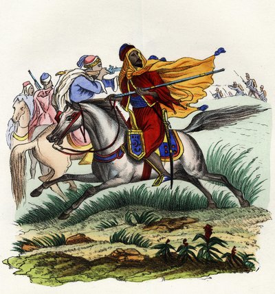 1841年、オランでフランスアフリカ軍の狩猟隊の前を逃げるアブドエルカデル首長の赤い騎馬隊。Storia d