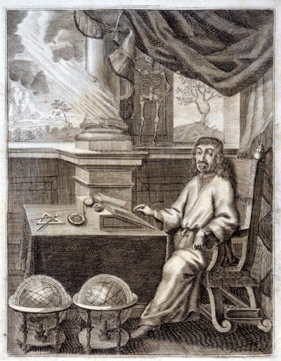 ルネ・デカルト（1596 - 1650）のオフィスで科学機器を持つ。17世紀のエングレーヴィング。 作： Unknown artist