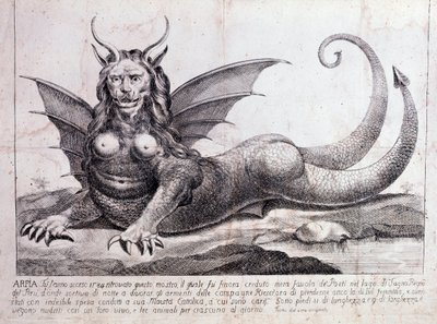 人間の顔、角、竜の翼、ライオンのたてがみ、爬虫類の体、女性の胸を持つペルーの湖で発見された怪物、ハーピーの表現（1784年印刷 作： Unknown artist
