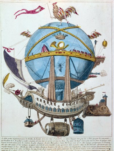 気球に乗って旅をする様子を表現した18世紀の風刺的なエングレーヴィング。 作： Unknown artist