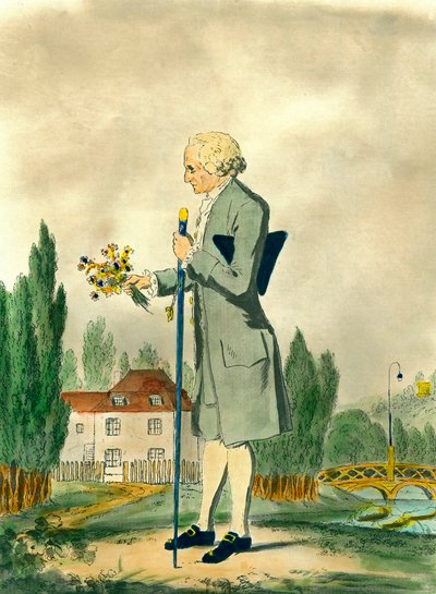 スイスの哲学者ジャン・ジャック・ルソー（1712-1778）がエルメノンヴィルで花を摘んでいる様子を表現したもの。18世紀のエングレーヴィング。個人蔵。 作： Unknown artist