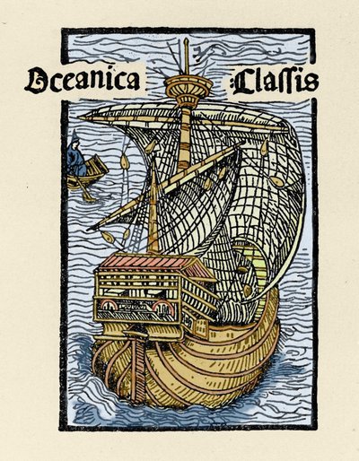 クリストファー・コロンブス（1451-1506）によるカラベル「サンタ・マリア号」の表現。De insulis in mare Indico super inventis", Bale 1493-1494 (コロンブスのスペイン王への報告書のラテン語訳)からの版画。 作： Unknown artist