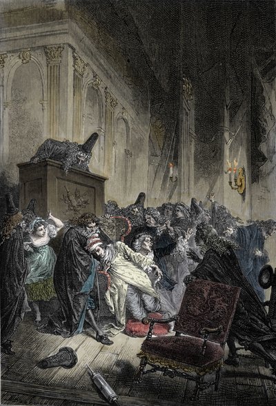 モリエールことジャン＝バティスト・ポケリン（1622-1673）の死の表現、1673年2月17日の「想像上の病人」の表現中の肺うっ血による死の表現 作： Unknown artist