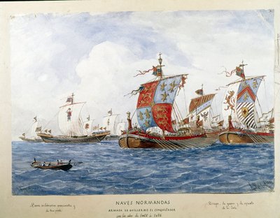 11世紀の征服王ウィリアムの艦隊を表現したもので、戦争、商業、旅客輸送の船（水彩画 作： Unknown artist