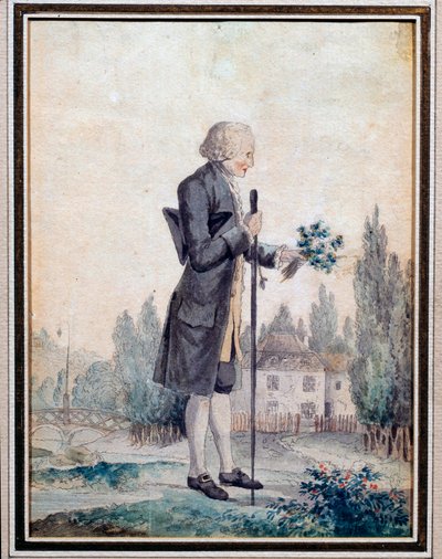 哲学者ジャン・ジャック・ルソー（1712-1778）がエルメノンヴィルで花を摘んでいる様子を描いたもの。18世紀の水彩画。パリ、カルナヴァレ美術館 作： Unknown artist