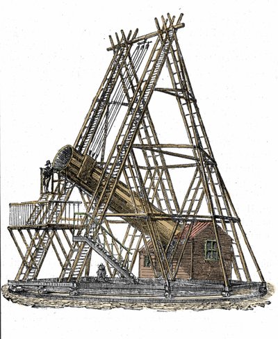 イギリスの天文学者、ウィリアム・ハーシェル（1738-1822）の望遠鏡を表現したもの。19世紀のエングレービング 作： Unknown artist