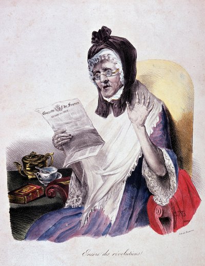 1830年の革命。フランス公報を読んでいる老婦人が叫ぶ「革命のアンコール」 - エングレーヴィング 作： Unknown artist