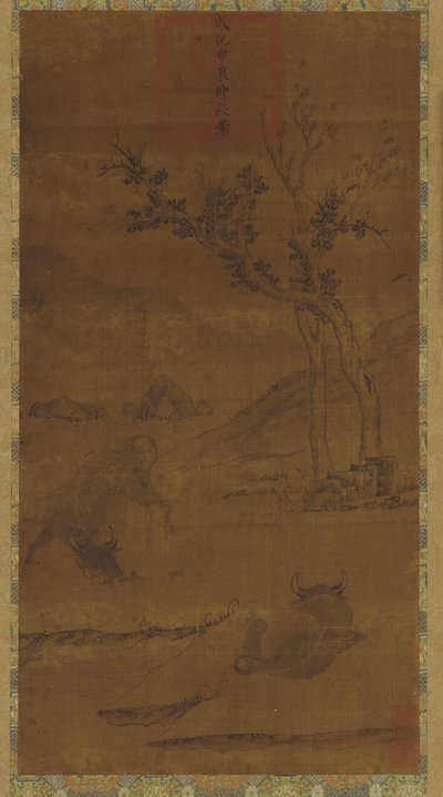 川の風景: 2 頭の水牛と昼寝する群れの少年 作： Unknown artist