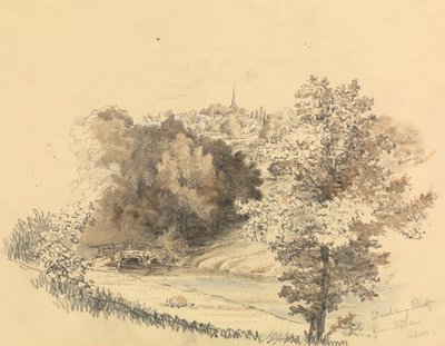 遠くに町がある川の風景 作： Unknown artist