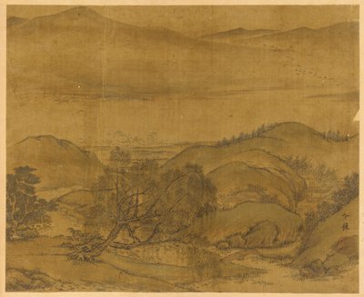 川の風景：柳などの木々、なだらかな丘陵、高い山脈 作： Unknown artist