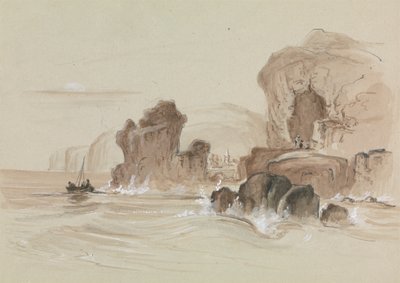 小さな漁船のある岩の多い海岸線 作： Unknown artist