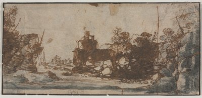 ボートと建物のある岩の入り江 (直訳) 作： Unknown artist