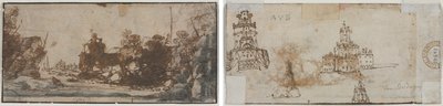 ボートと建物のある岩だらけの入り江（直腸）。 城のスケッチ (裏面) 作： Unknown artist