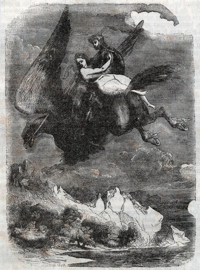 ロジャー（ルッジェーロ、ルッジェーロ）とアンジェリーク（アンジェリカ）のヒポクロウ-1851年の版画（アリオストことルドヴィコ・アリオストの「Roland furieux」（Orlando furioso）（16世紀）より）-トレサン伯爵がイタリア語から翻訳して出版した版。 作： Unknown artist