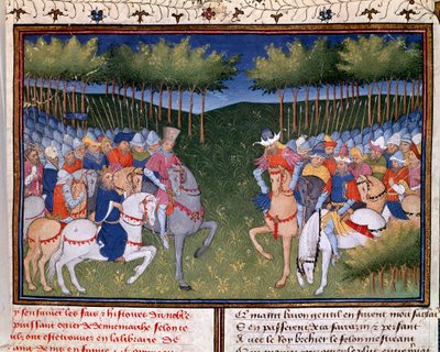 デンマーク人のオジェによるローマ人：2人のミニチュアの騎手の戦い（「ベルトラン・デュ・ゲスクリンの年代記」（Ms 490）1405年 シャンティのコンデ美術館より 作： Unknown artist
