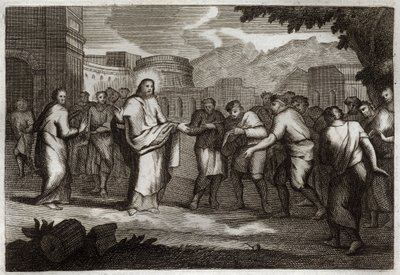 ローヤルモン聖書、新約聖書。十人のレパ-。イエス・キリストが10人のハンセン病患者を治療している様子。1811年のイラスト。 作： Unknown artist