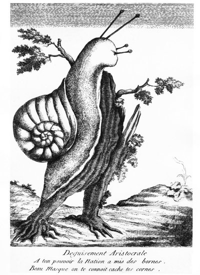 風刺画：貴族の変装（切り株の上のカタツムリ）。「あなたの権力のために国民は境界を設定し、美しいマスクは私たちがあなたを知っている、あなたの角を隠す」- 1790年、カルナヴァレ美術館。 作： Unknown artist