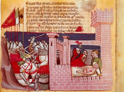 778年のロンセスヴォーの戦いのシーン。シャルルマーニュ軍とサラセン人との戦いで、騎士ローランが殺された。右側にいるのが代表者。写本「エスパーニュの入り口」（Ms.Franc.21）のミニチュア 14世紀 ヴェネツィア、ビ 作： Unknown artist