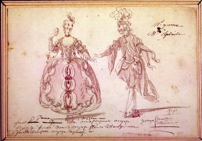 風景画：Jean Philippe (Jean-Philippe) Rameau (1683-1764) 1764年の牧歌「Nais」の衣装のデッサン。水彩画。 作： Unknown artist