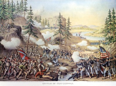 Secession War (1861 - 1865) or American Civil Giuerre: 24-25 11/1863: 24-25 11/1863: after two days of battle at Chattanooga, Tennessee, winning the Northern Army commanded by General Rosecrans.エングレーヴィング。 作： Unknown artist