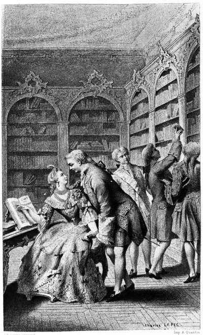18世紀の図書館での誘惑のシーン。 作： Unknown artist