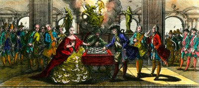 七年戦争：オーストリアのマリー・テレーズ（1717-1780）とプロイセンのフレデリック（1712-1786）がチェスをしている様子を表した寓意画。18世紀のエングレーヴィング 個人蔵 作： Unknown artist