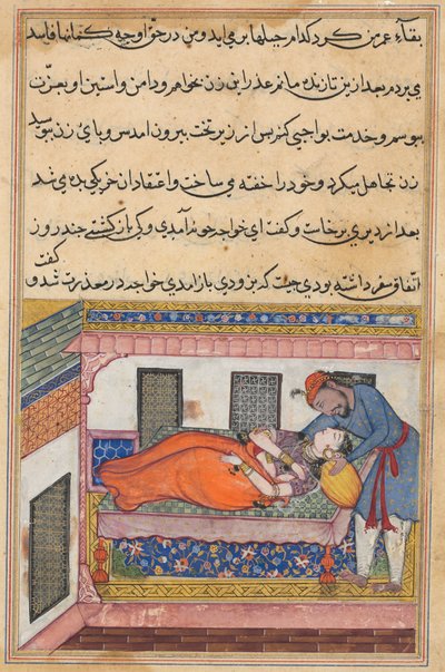 Shahr-Arai の夫は、Tuti-nama (オウムの物語) から、寝ているふりをする妻にキスをするために腰をかがめる: 40 番目の夜 作： Unknown artist