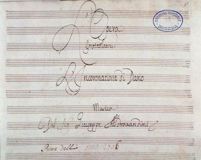 ジュゼッペ・アルドロバンディーニ作曲「ダリウスの戴冠式」（1703年）の楽譜のページです。 作： Unknown artist