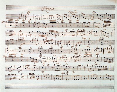 モーツァルトのオペラ「ポントの王ミトリデート」の冒頭の第一ヴァイオリンの楽譜ページ（1770年 作： Unknown artist