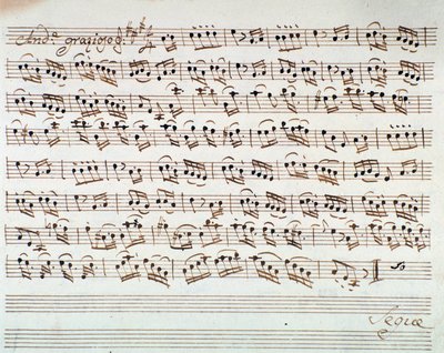 モーツァルトのオペラ「ポントの王ミトリデート」の冒頭の第一ヴァイオリンの楽譜ページ（1770年 作： Unknown artist
