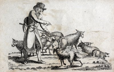 羊の群れを連れた羊飼い。18世紀後半のエングレーヴィング。プライベート・コレクション 作： Unknown artist