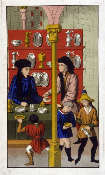 15世紀の金銀細工師の店 - 19世紀の古代文書の再現。 作： Unknown artist