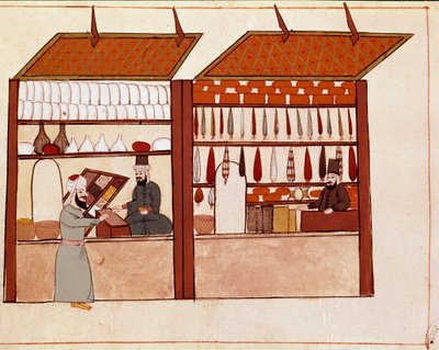 コンスタンティノープルの街角にあるお店。17世紀（1671年）の原画の後、19世紀（1828年）のチコーニャの手稿から採られたミニチュア。ヴェネツィア、ビブリオテカ・マルシアーナ 作： Unknown artist