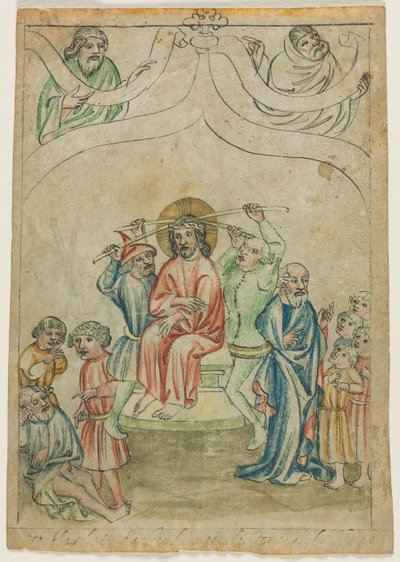 Biblia Pauperum の一枚の葉: いばらの冠をかぶったキリスト (直訳) 作： Unknown artist