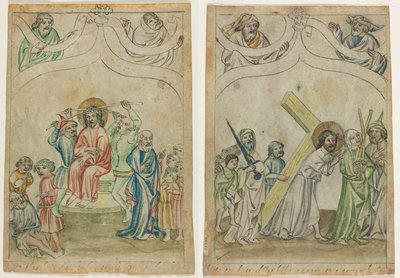 「Biblia Pauperum」の一葉: いばらの冠をかぶったキリスト (右) 十字架を背負ったキリスト (裏) 作： Unknown artist