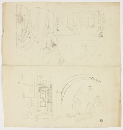 出入り口、人物、教会の通用口のある建物のスケッチ（レクト）；尖塔のスケッチ（裏面） 作： Unknown artist