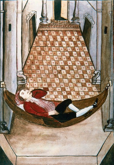 トルヒーヨ司教バルタサル・マルティネス・コンパニオン・イ・ブジャンダ（1782年～1785年）の著書「トルヒーヨ・デル・ペルー」（Códice Martínez Compañón）から、裕福な宮殿のハンモックで眠るスペイン人 作： Unknown artist