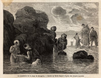シナガワの浜辺での小さな漁撈活動、子供たちは水に飛び込み、カニや小魚を捕っている。1863年から1864年にかけて、スイス連邦公使アイム・アンベールが「Le tour du monde, nouveau j」の中で日本への航海を説明するために描いたもの。 作： Unknown artist