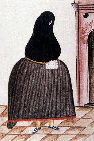 トルヒーヨ司教バルタサル・マルティネス・コンパニオン・イ・ブジャンダ（1782-1785）の「トルヒーヨ・デル・ペルー」または「コーディセ・マルティネス・コンパニオン」より、顔を覆うシェールを被ったスペイン人女性。 作： Unknown artist