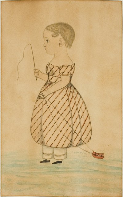 鞭とおもちゃのそりで左に横顔で立っている女の子 作： Unknown artist