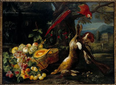 狩猟、オウム、果物の静物画 18世紀の匿名の絵画 パリ、装飾美術 作： Unknown artist