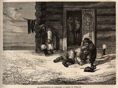 日曜日の聖餐にはクミンの酒、ドルパットの労働者がいる。1851年から54年にかけてのロシア・バルト地方への旅行を説明するために、アンリエが描いたもの。エドゥアール・シャルトン編『世界旅行』に掲載されている図版 作： Unknown artist