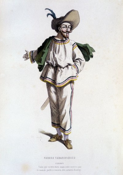 Tabarin, "character of Farces Tabariniques" (by Tabarin 1622), in "le theatre francais au 16 eme et 17 eme cecle, anterieures a Moliere" by Edouard Fournier. 作： Unknown artist